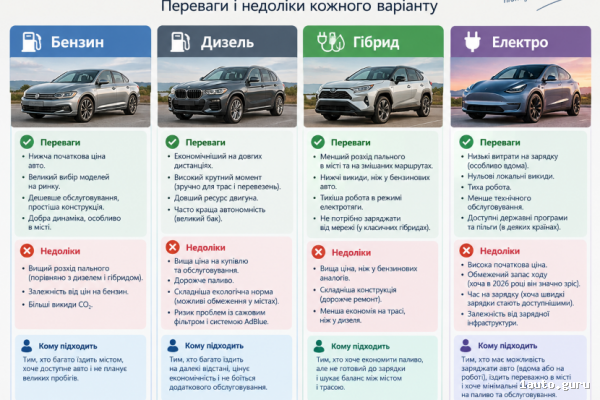 Бензин, дизель, гібрид чи електро у 2026 році: що вигідніше для вашого пробігу