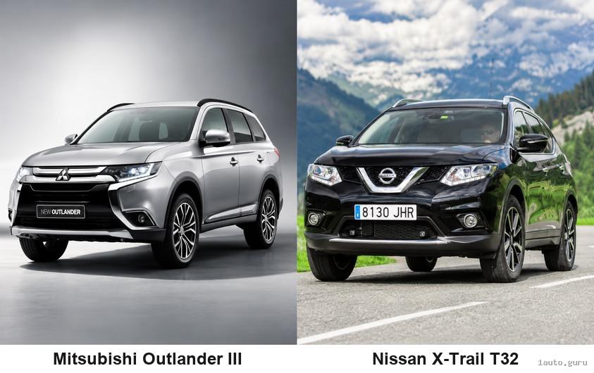 Mitsubishi Outlander III та Nissan X-Trail T32: вигляд кузовів спереду у три чверті