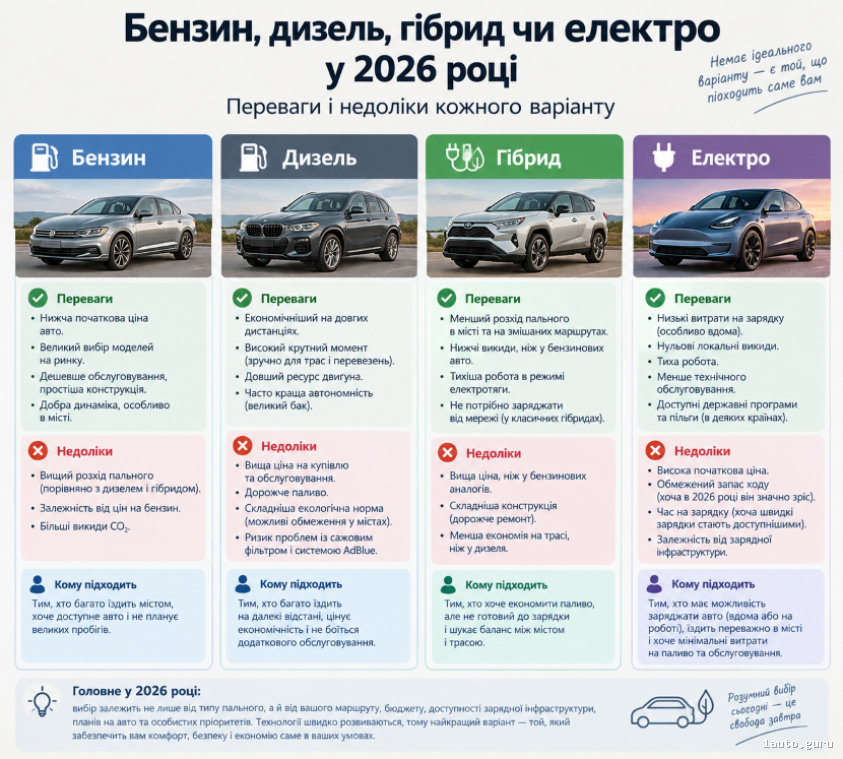 Бензин, дизель, гібрид чи електро у 2026 році: переваги і недоліки кожного варіанту